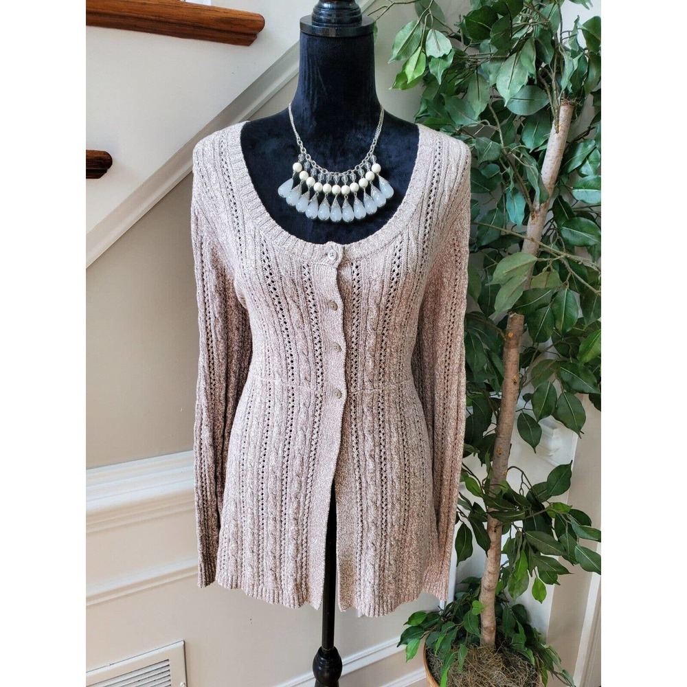 APT.9 Women Beige Cotton Round‎ Neck Long Sleeve Casual Cardigan Sweater Size XL